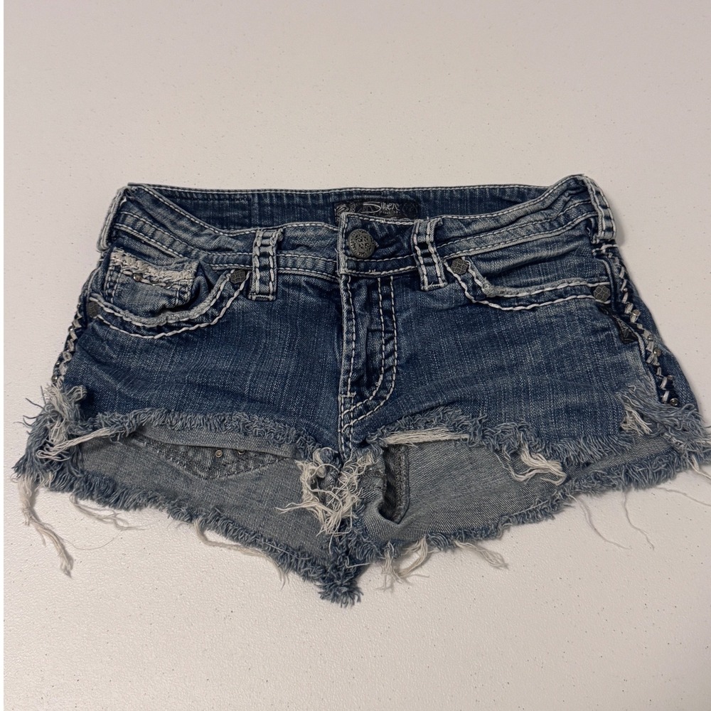 Silver Jeans Co Suki Distressed Denim Shorts Y2K Boho Cutoff Medium Wash 27 ee